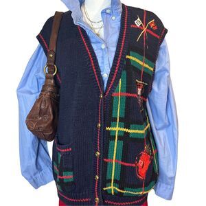 Vintage Authentic Sport Navy Plaid Golf Sweater Vest Medium